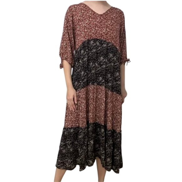 Natural Life Womens Maxi Tiered Dress L Mixed Print Half Sleeve Floral B… - Picture 1 of 11
